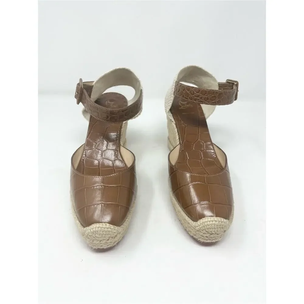 Christian Louboutin Amelina Brown Croc Leather Espadrille Wedge Sandal size 38
